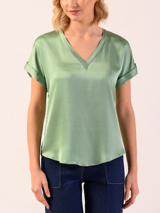 Derpouli Women's Blouse Satin Short Sleeve Green