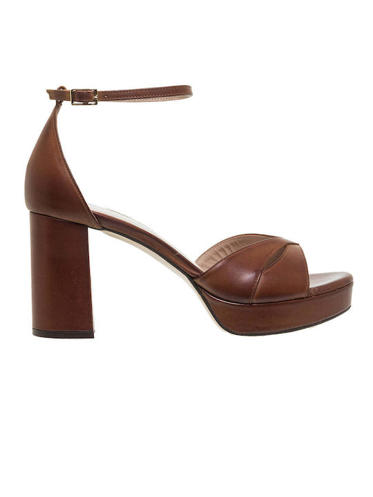 Mourtzi Platform Leather Women's Sandals Tabac Brown with Low Heel