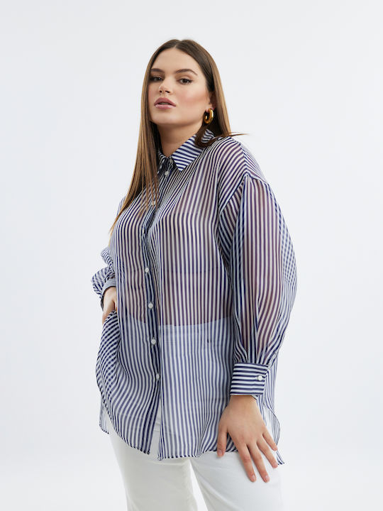 Mat Fashion Women's Striped Long Sleeve Shirt Blue