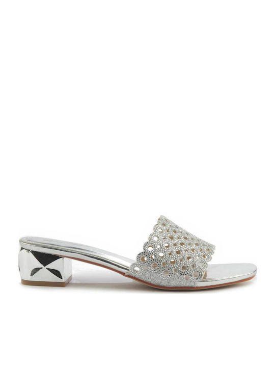 Mules with Chunky Low Heel in Silver Color