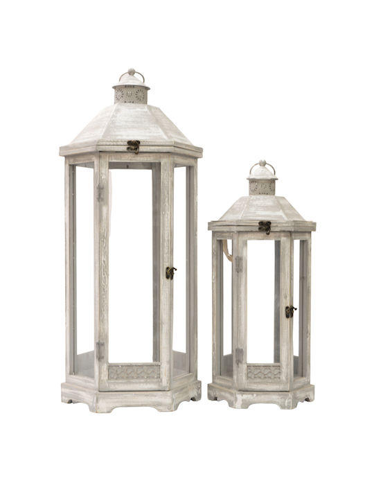 Wooden Lanterns Polygonal Set2 Grey 33x29,5x77cm and 25x22x53cm