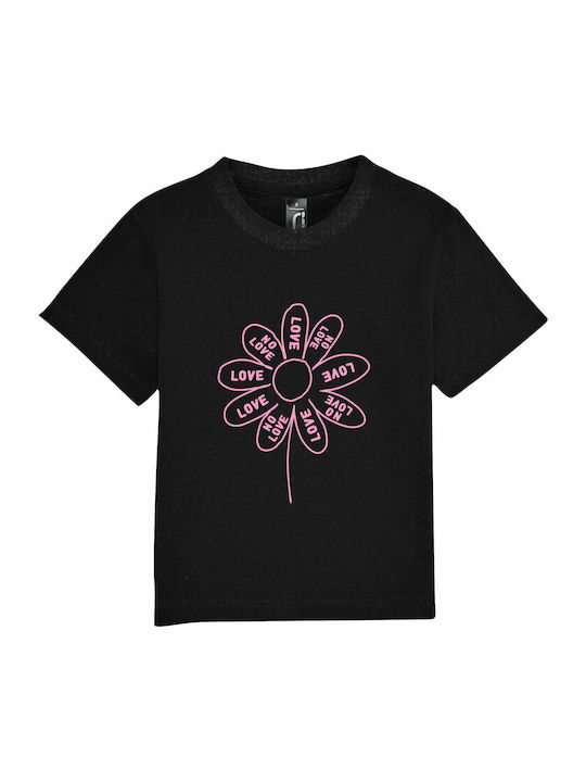 Παιδικό T-shirt Κοντομάνικο Μαύρο Love, No Love, Daisy Flower, Με Αγαπάει, Δεν Με Αγαπάει, Μαδώντας Τη Μαργαρίτα