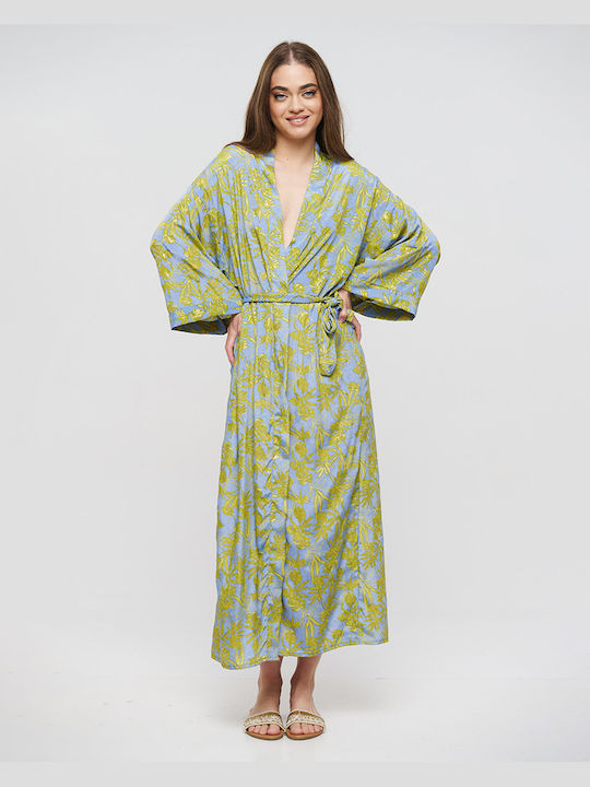 Ble Kimono Long Green/Blue with Gold Details One Size(100% Crepe)cm 5-41-348-0837
