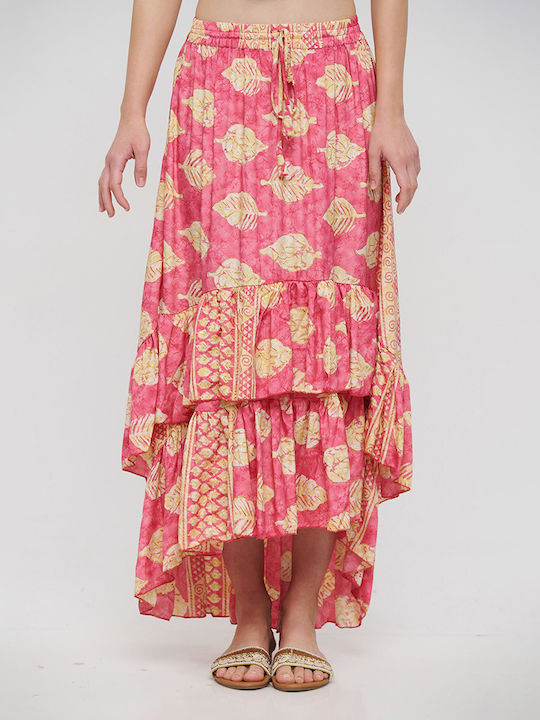 Ble Skirt Long Pink with Leaves and Gold Details S/m (100% Crepe)cm 5-41-348-0751