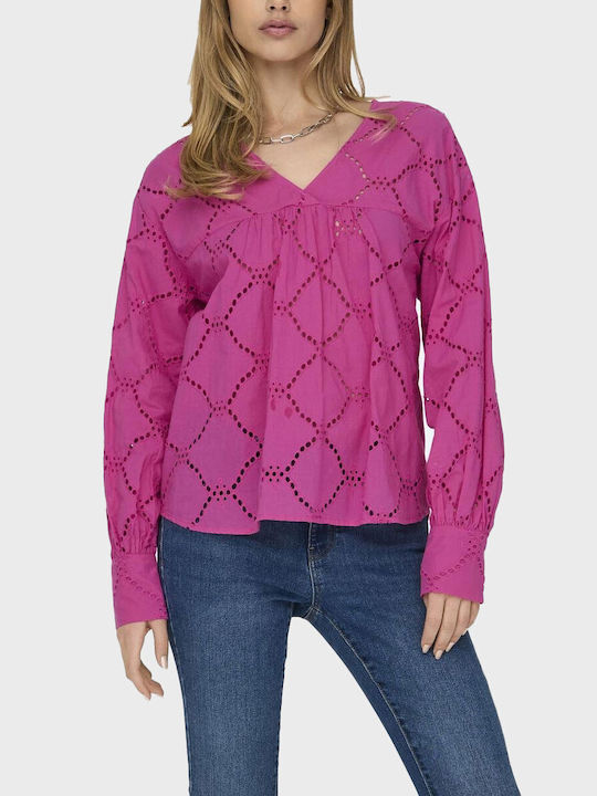 Only Damen Bluse Baumwolle mit V-Ausschnitt Pink