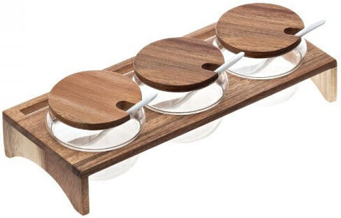 Leone Set 3 Stück Lebensmittelgläser Allgemeine Verwendung mit Deckel & Holzgestell Braune 250ml
