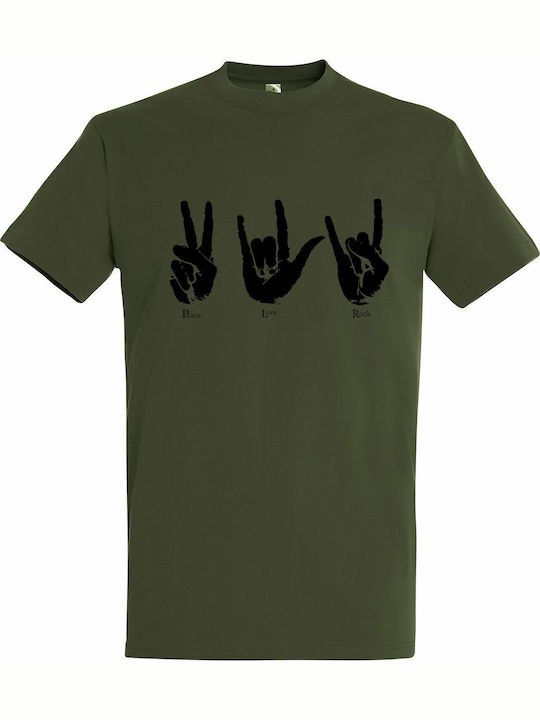 T-shirt unisex "Frieden, Liebe, Rock", Armee
