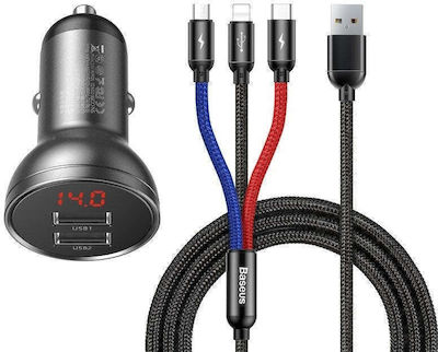 Baseus Car Charger Black Total Intensity 4.8A with Ports: 1xUSB 1xType-C with Cable Type-C / Lightning / Micro-USB