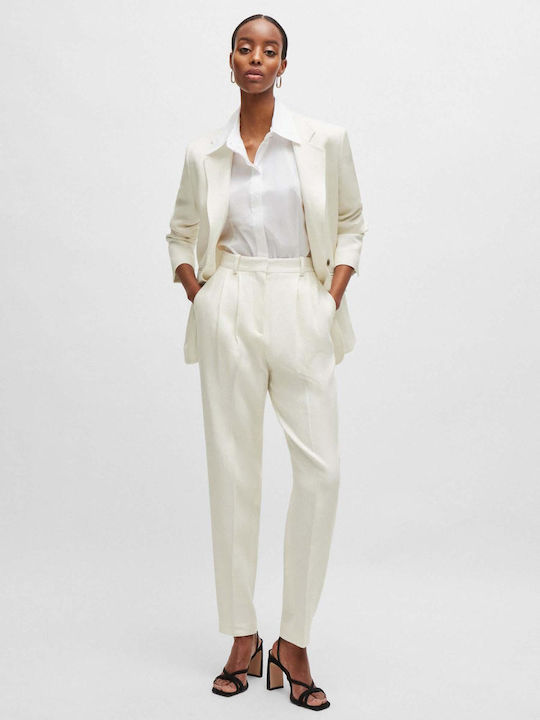 Hugo Boss Women's High-waisted Linen Trousers in Tapered Line Ecru