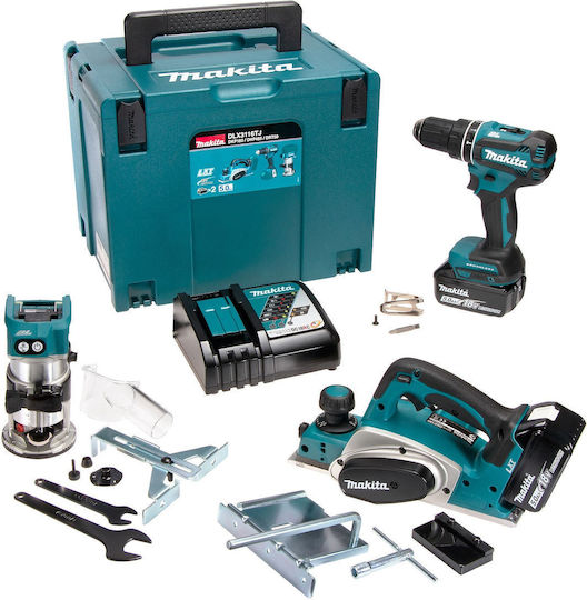 Makita DLX3116TJ Set Plunge Router & Rabota & Mașină de găurit cu impact Brushless 18V cu 2 baterii 5Ah și husă