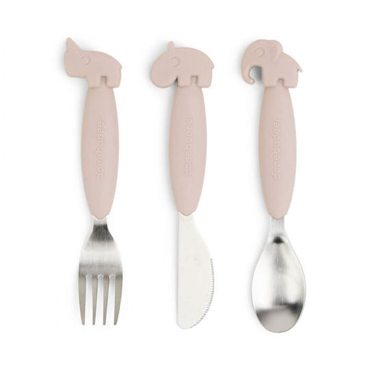 Done by Deer Set de Lingură și Furculiță pentru Bebeluşi din Metal Roz
