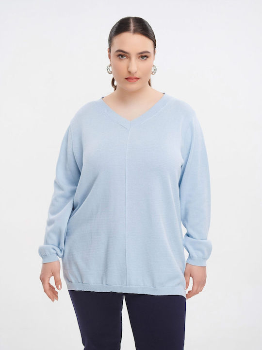 Jucita Women's Long Sleeve Pullover Cotton with V Neck Light Blue