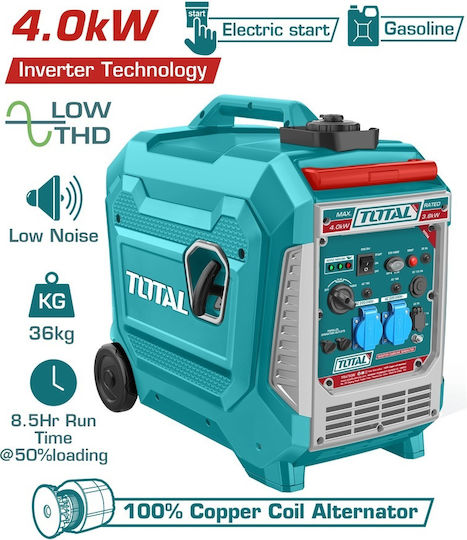 Total Αθόρυβη Γεννήτρια Βαλιτσάκι Inverter Βενζίνης Τετράχρονη με Χειροκίνητη Μίζα, Ρόδες και Μέγιστη Ισχύ 5kVA