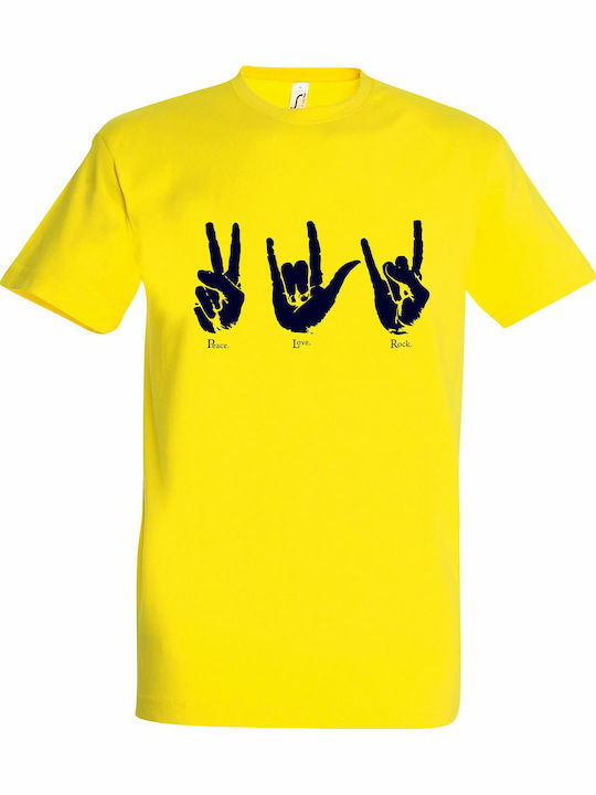 Peace, Love, Rock T-shirt Κίτρινο Βαμβακερό