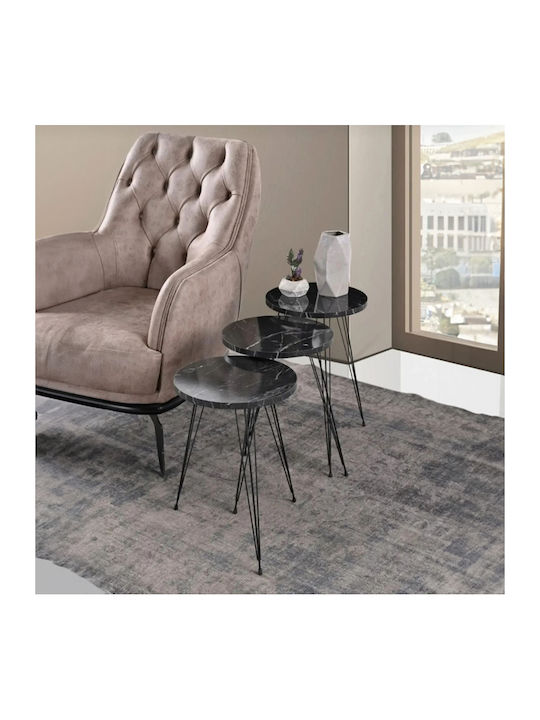 Round Side Coffee Table Wakmi Wooden Black Marb...