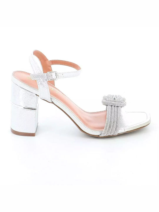 B-Soft Synthetic Leather Women's Sandals with Strass Silver with Chunky High Heel