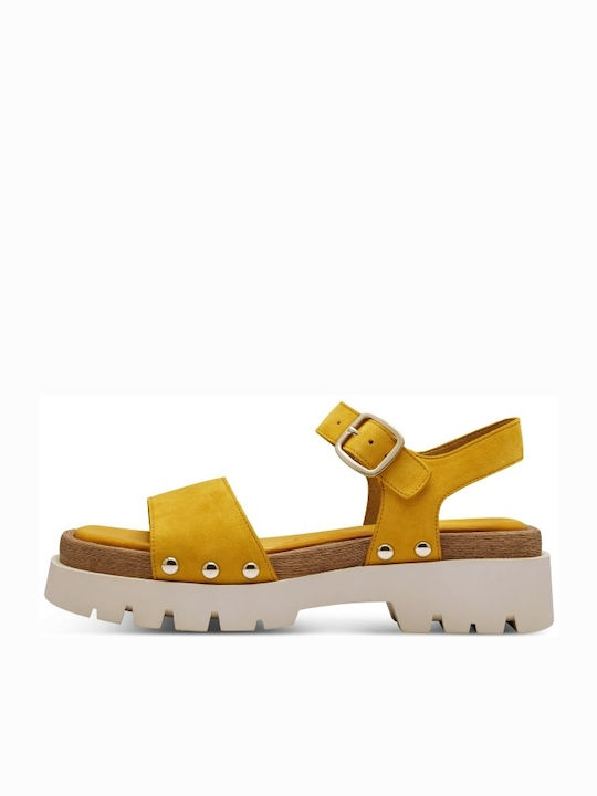 Tamaris Leather Women's Sandals with Ankle Strap Yellow
