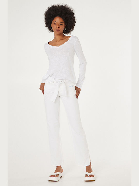 BSB Women's Blouse Cotton Long Sleeve with V Neckline White