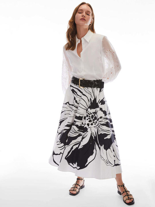 Pennyblack Σατέν Ψηλόμεση Midi Φούστα Floral Άσπρο/μαύρο