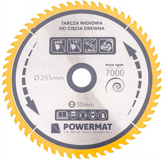 Powermat Cutting Disc Wood Hole Diameter 255mm with 60 Teeth 1pcs