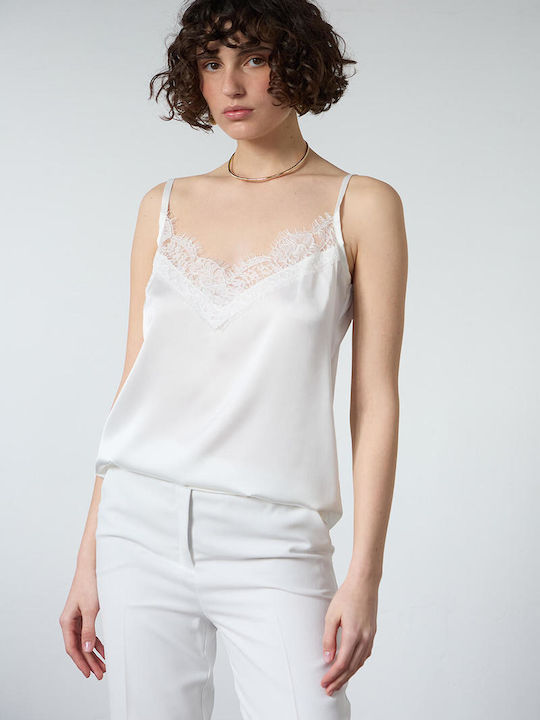 Bill Cost Women's Satin Lingerie Top with Lace White