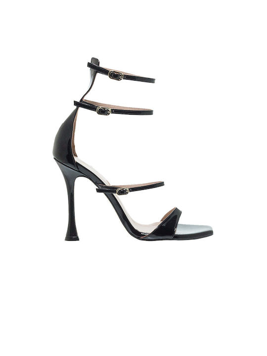 Mourtzi Patent Leather Women's Sandals Black with Thin High Heel