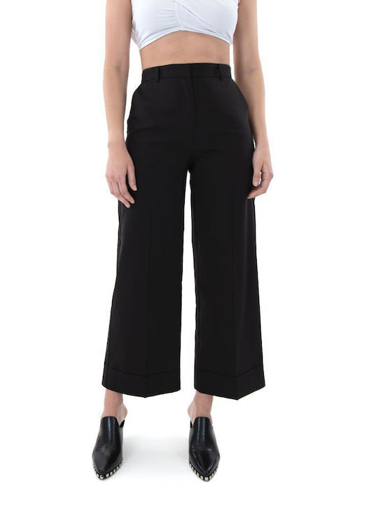 Zoya Women's High-waisted Cotton Trousers in Wide Line Black