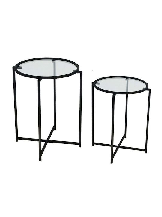 Round Side Table Glass Clear-black 2pcs L40xW40xH50cm