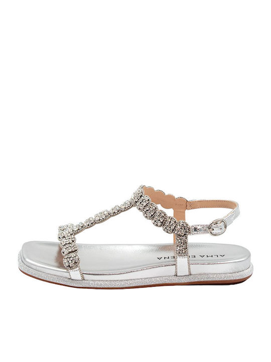 Leather Women's Flat Sandals in Silver Color
