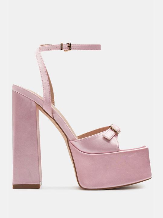 Luigi Platform Fabric Women's Sandals with Strass Pink with Medium Heel