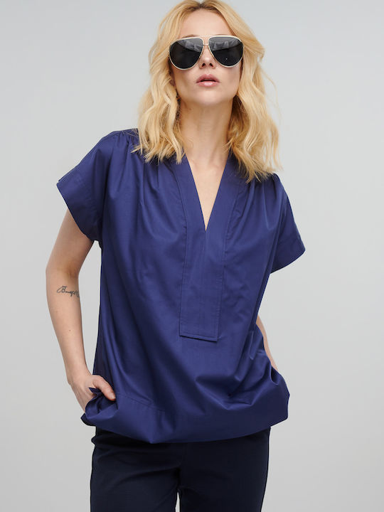Milla Women's Blouse Cotton Short Sleeve with V Neckline Navy Blue