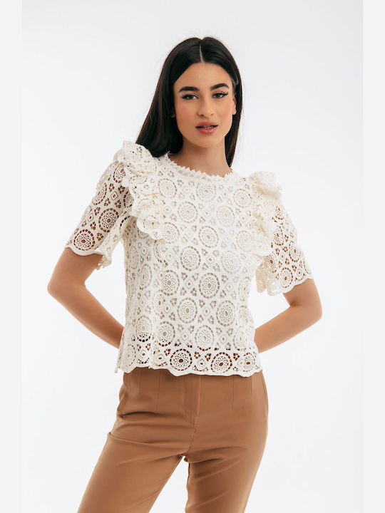 Freestyle Women's Blouse with Buttons & Lace Beige