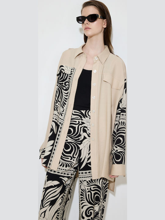 Women's Long Sleeve Shirt Beige/ Black