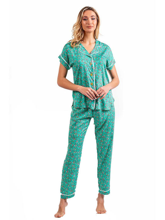 Mara-M Sommer Damen Pyjama-Set Baumwolle Türkis