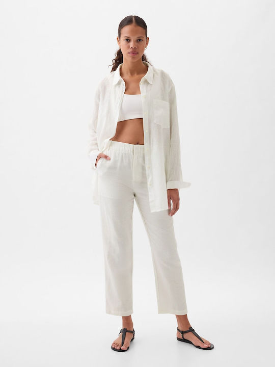 Women's High-waisted Linen Trousers with Elastic White