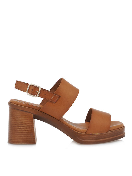 Eva Frutos Leather Women's Sandals Tabac Brown with High Heel