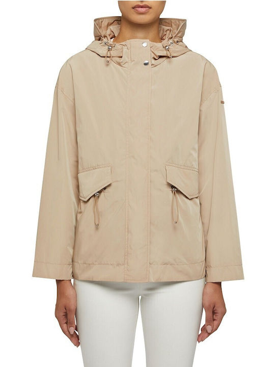 Geox Women's Short Parka Jacket Waterproof and Windproof for Spring or Autumn with Hood Beige