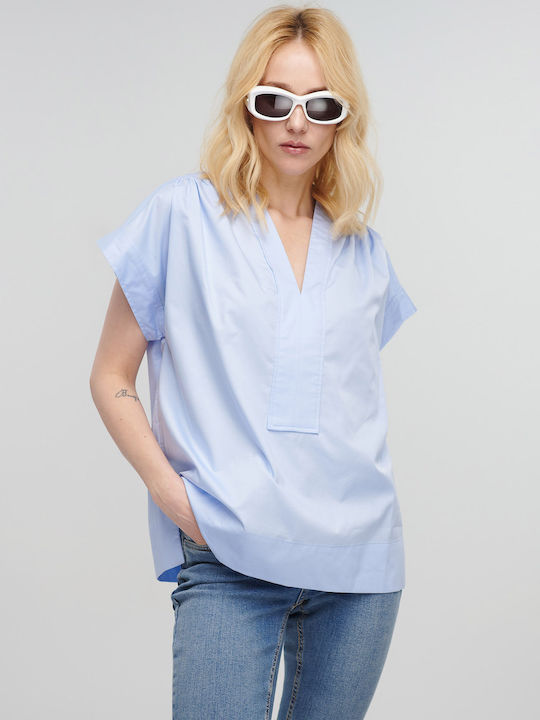 Milla Women's Blouse Cotton Short Sleeve with V Neck Blue