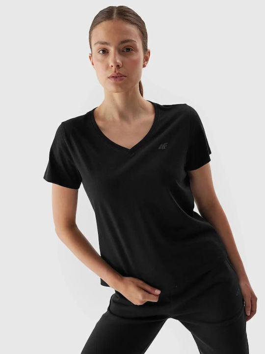 4F Damen Sport T-Shirt mit V-Ausschnitt Schwarz