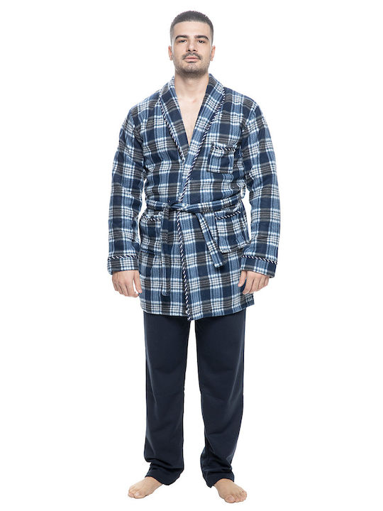 Men's Winter Fleece Checked Pajama Robe Blue