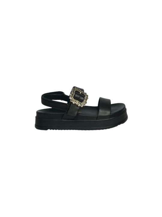 Flatforms Leather Women's Sandals with Strass Black