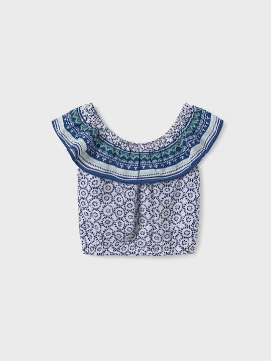 Mayoral Kids' Blouse Short Sleeve White-dark blue Βολάν