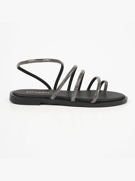 Piazza Shoes Leather Women's Flat Sandals in Black Color