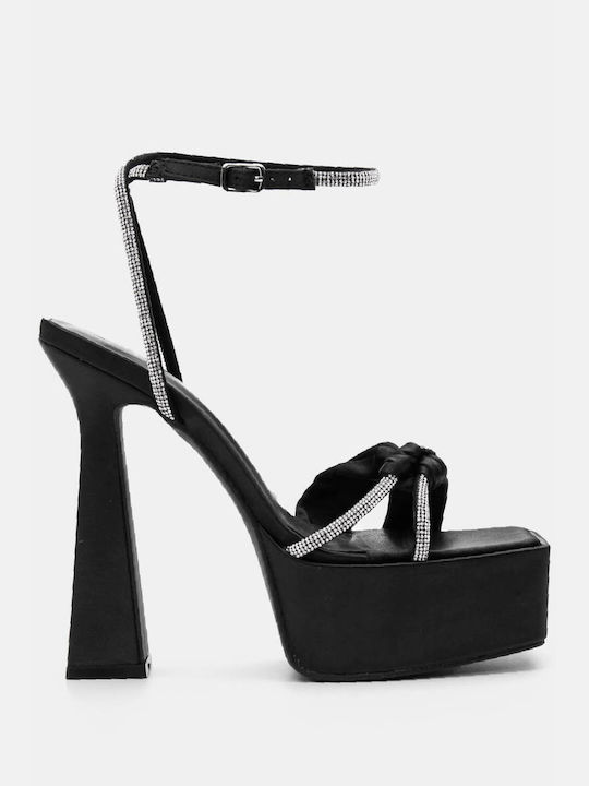 Luigi Platform Fabric Women's Sandals with Strass Black with Low Heel