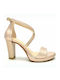 Leder Damen Sandalen Anatomisch mit Chunky hohem Absatz in Beige Farbe