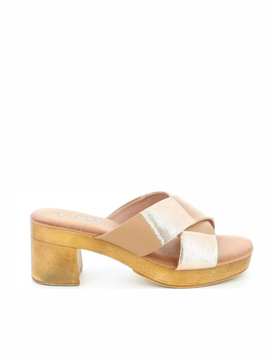 B-Soft Mules με Χοντρό Ψηλό Τακούνι σε Μπεζ Χρώμα