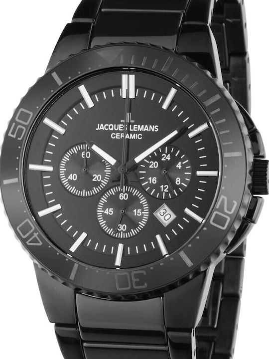 Jacques Lemans Ανδρικό Ρολόι 43mm Χρονογράφος Μπαταρίας με Μαύρο Κεραμικό Μπρασελέ