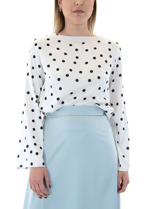 MY T Damen Bluse Satin Langärmelig Polka Dot Weiß