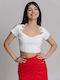 Hoodia Damen Crop Top Kurzarm Gestreift White