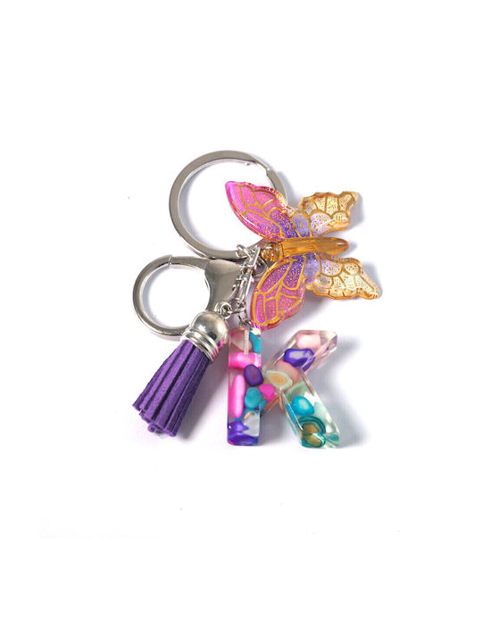 Keyring Monogram Large Liquid Glass Gold Dust Chips 26×22~40mm & Butterfly Acrylic 34x39mm & Purple Suede Tassel 35x10mm Silver Metallic Clasp K